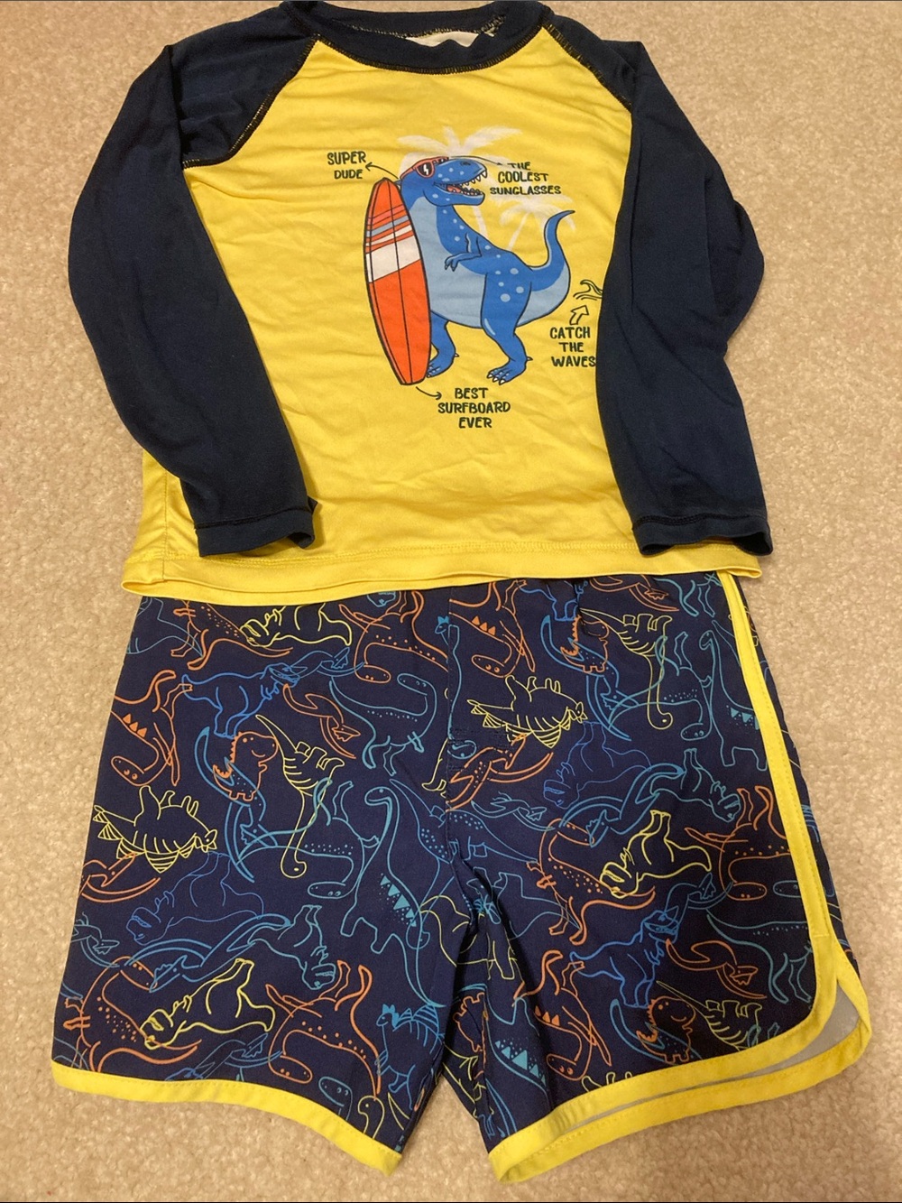wonder nation Yellow & Navy Dino Surf Rashguard Set